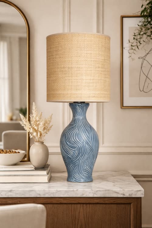 Blue handcarved ceramic table lamp with Raffia/rattan fabric | Lamps by ENOceramics. Item made of fabric with ceramic works with eclectic & maximalism style