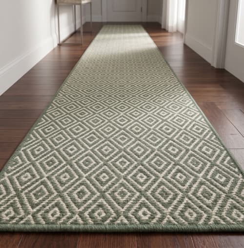 Handwoven Woolen Green Runner Rug | Rugs by Evergreen Carpets. Item composed of wool compatible with boho and minimalism style