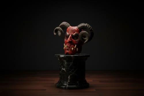 Hand-Carved Devil Mythology Mask Bust on Black Marble Base | Decorative Objects by Holzkunst Samuel Meisinger. Item made of wood works with art deco & rustic style