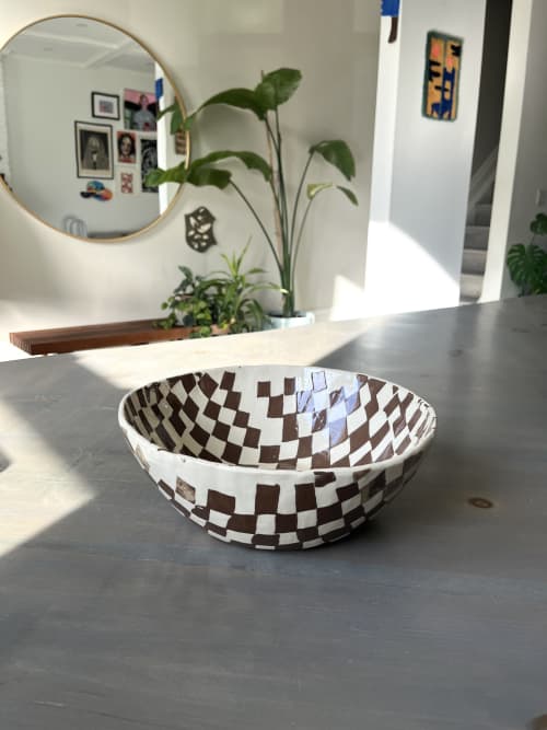 Earthy Brown Stoneware Serving Bowl | Round Checkered Bowl | Serveware by Casa Studio. Item composed of stoneware in boho or minimalism style