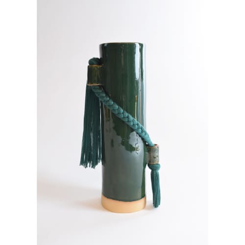 Handmade Vase #695 in Green with Tencel Braid | Vases & Vessels by Karen Gayle Tinney. Item made of ceramic & fiber compatible with boho and contemporary style