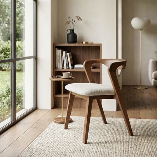 Arco Curved-Back Dining Chair with Upholstered Seat | Chairs by Kleinhaus Furniture. Item made of wood & fabric compatible with mid century modern and japandi style