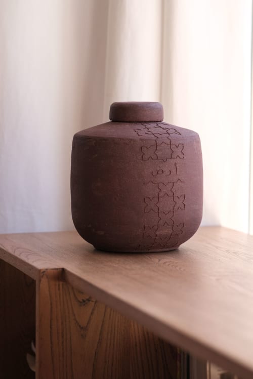 Ceramic Jar with Arabic Writing | Decorative Objects by MARIE MARTIN CERAMICS. Item made of stoneware works with minimalism & mediterranean style