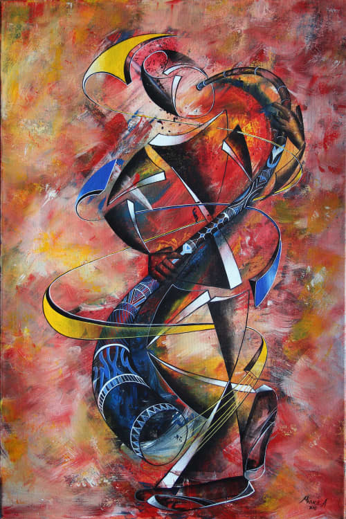 Young entertainer playing pembe Instrument | Oil And Acrylic Painting in Paintings by Mwenye painter | Private Residence in Worcester