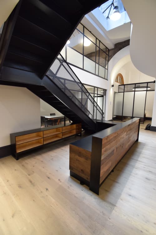 Reception desk and credenza | Storage by Industrial Arts LLC | John R Rodman & Associates in Denver. Item composed of wood and steel