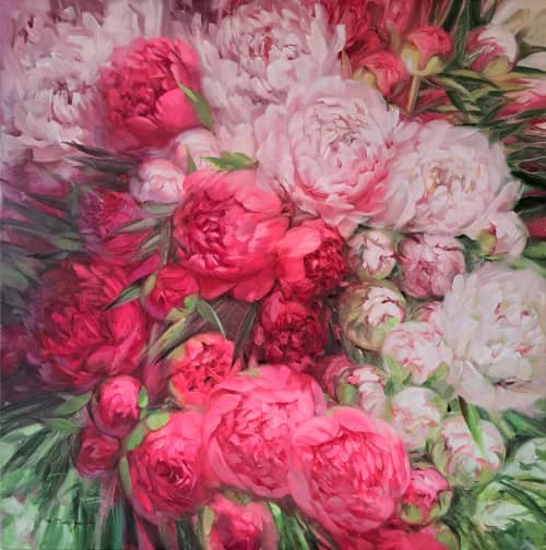 Peony hot pink and white flowers | Oil And Acrylic Painting in Paintings by Natart. Item made of canvas works with eclectic & maximalism style