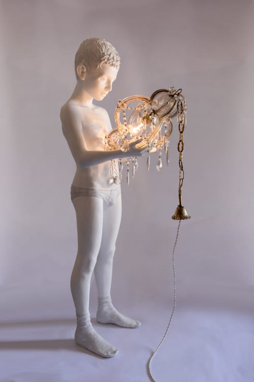 Before the Beginning (Child with Chandelier) | Sculptures by MARCANTONIO. Item composed of steel & glass