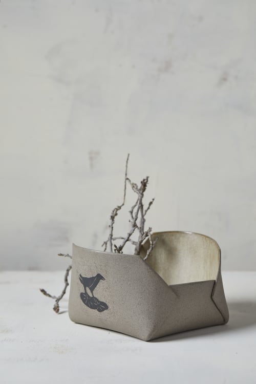 Large Gray Artistic Hand-Folded Pottery Bowl | Serving Bowl in Serveware by ShellyClayspot. Item made of stoneware