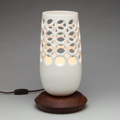 Bullet Table Lamp - Demi Lace | Lamps by Lynne Meade. Item made of walnut with stoneware