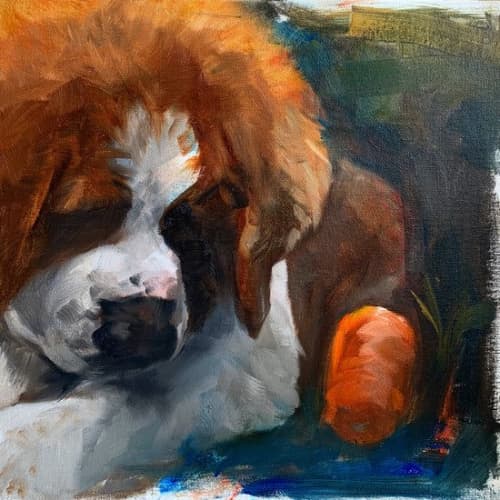 Peaches and the Carrot | Oil And Acrylic Painting in Paintings by Paws By Zann Pet Portraits. Item made of canvas with synthetic