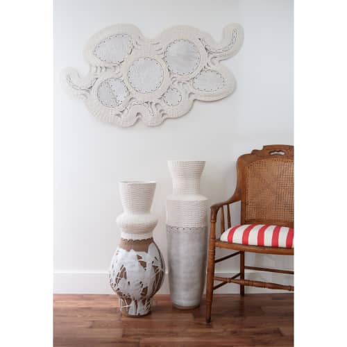 48" Ceramic and Woven Cotton Wall Sculpture | Wall Hangings by Karen Gayle Tinney. Item composed of cotton and ceramic in boho or coastal style