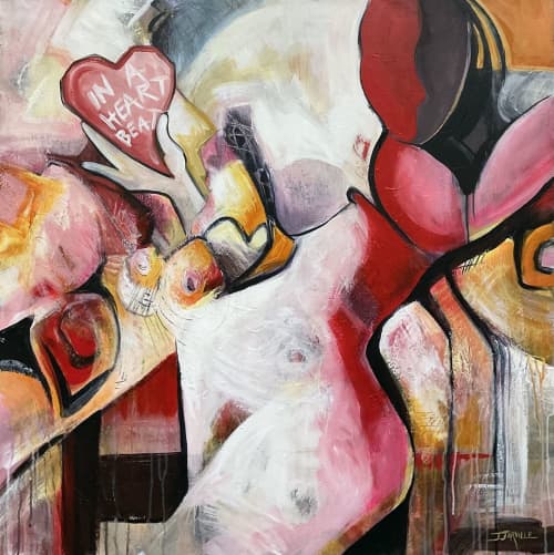 Available: In A Heartbeat, 36”x36” original art | Oil And Acrylic Painting in Paintings by Jeanette Jarville, BFA Emily Carr University of Art. Item in mid century modern or contemporary style