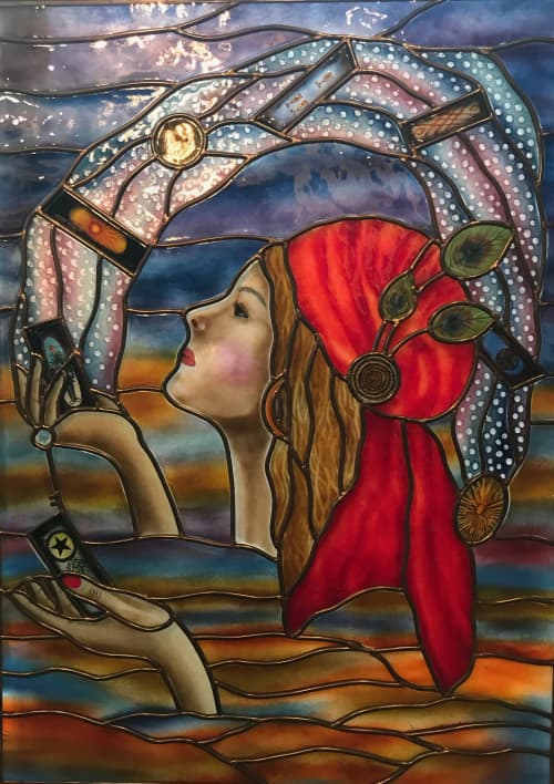 Sophia, stained glass fortune teller | Glasswork in Wall Treatments by Celinder's Glass Design | Psychic Readings by Dorothy in Newport Beach. Item composed of glass