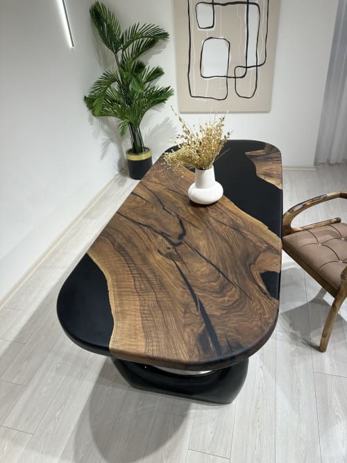 Black Epoxy Table, Resin Dinner Table, Walnut Wood Table | Dining Table in Tables by Tinella Collection. Item composed of walnut compatible with minimalism and coastal style