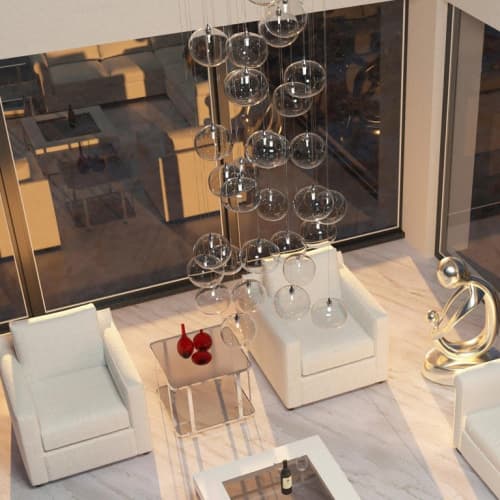 Glass Bubbles Chandelier with 34 Clear Pendants in a Cluster | Pendants by Galilee Lighting. Item composed of metal & glass compatible with minimalism and modern style