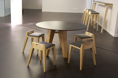 om16.2 natural ash Stool, grey fabric | Chairs by olivier moravik | Bonlieu Scène Nationale Annecy in Annecy. Item composed of wood and fabric in minimalism or contemporary style
