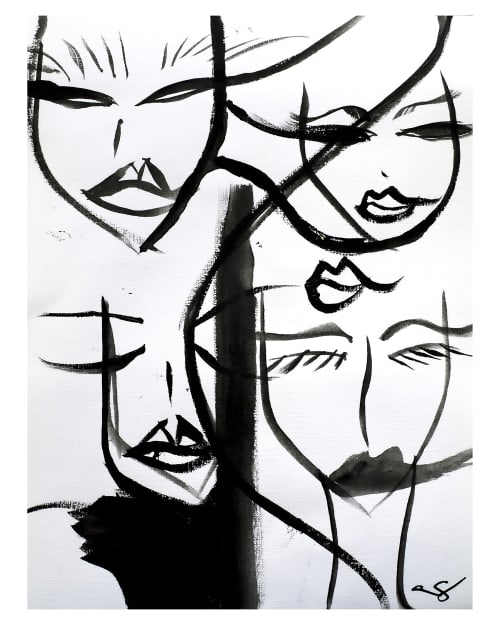 Post Op - Black and White Abstract Faces - Giclee Print | Prints in Paintings by Amy Straley. Item composed of paper in minimalism or mid century modern style