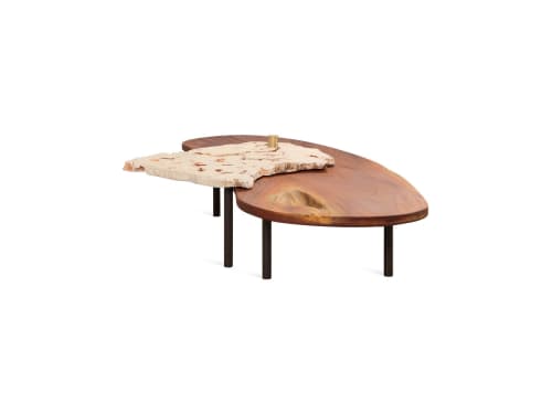Coral - Adjustable Stone & Mahogany Coffee Table | Tables by HERBEH WOOD. Item composed of wood and brass in minimalism or contemporary style