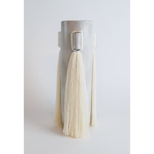 Handmade Ceramic Vase #607 in White with White Cotton Fringe | Vases & Vessels by Karen Gayle Tinney. Item composed of cotton and stoneware in minimalism or contemporary style