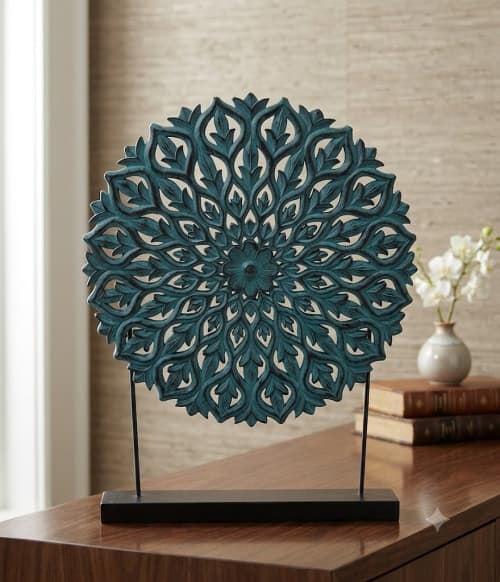 Teal Carved Floral Medallion Stand | Decorative Objects by Famous Art Group Of Industries
