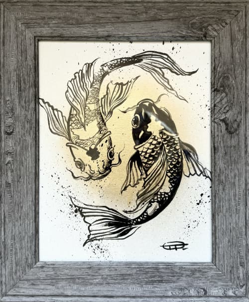 Koi fish painting, framed | Drawing in Paintings by Oplyart. Item made of paper works with mid century modern & japandi style