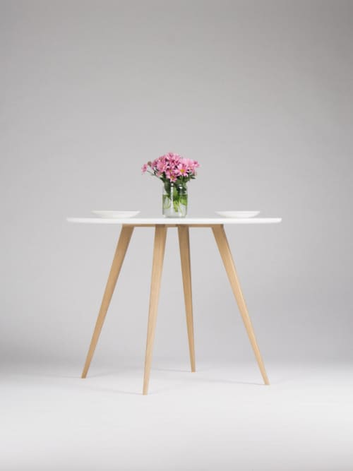 Round dining table, kitchen white table, with solid oak legs | Tables by Mo Woodwork. Item composed of oak wood in minimalism or mid century modern style