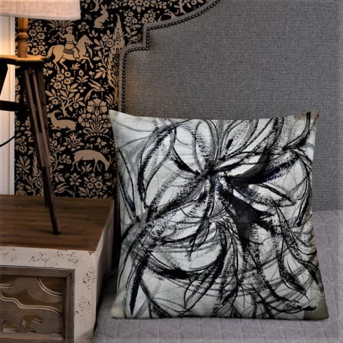 Charcoal Petals | Pillow in Pillows by KALEIDO MARBLING ART. Item made of cotton