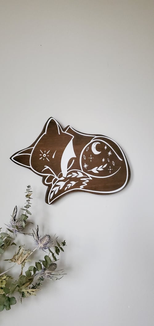 Sleeping fox wood wall art, woodland nursery wall hanging | Wall Sculpture in Wall Hangings by Studio Wildflower. Item made of walnut works with boho & country & farmhouse style