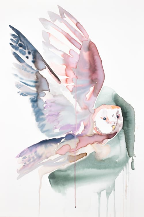Flying Owl : Original Watercolor Painting on Canvas | Paintings by Elizabeth Becker. Item composed of canvas compatible with minimalism and contemporary style