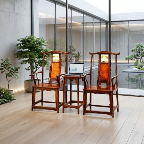 Ming Style Marble & Burl Southern Official Hat Armchair Trio | Chairs by Dynasty Artisan. Item made of wood works with contemporary & eclectic & maximalism style