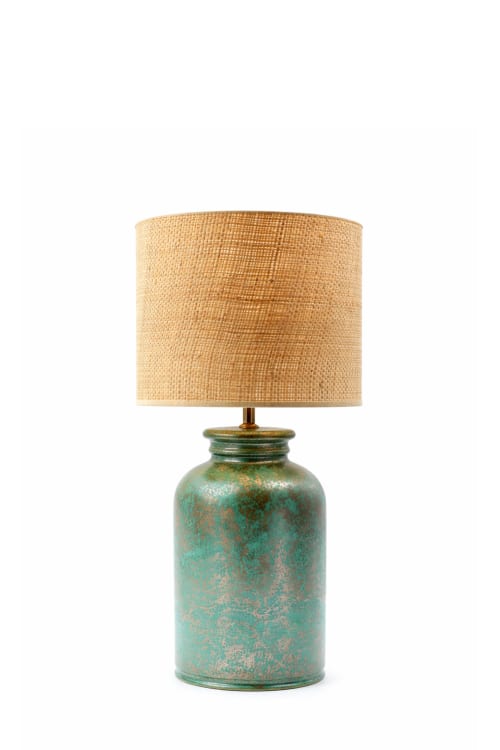 Green metallic ceramic Table Lamp with Raffia Drum Shade | Lamps by ENOceramics. Item composed of fabric and ceramic in boho or japandi style
