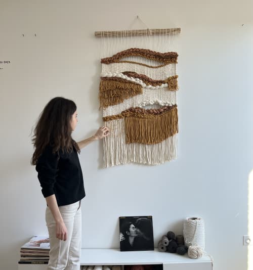 Woven Wall Tapestry | Boho Fiber Art "Desert Glow" | Wall Hangings by Tissage Sauvage. Item composed of wood and cotton in boho or country & farmhouse style