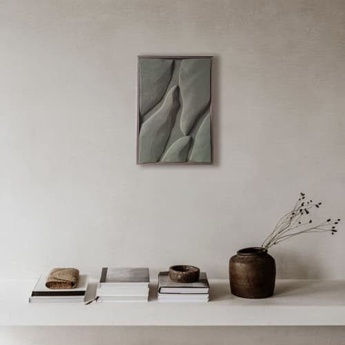 Relief Wall Art – Sculptural Plaster in Moss Green – Modern | Sculptures by Vaiva Art Atelier. Item composed of wood and marble in minimalism or contemporary style