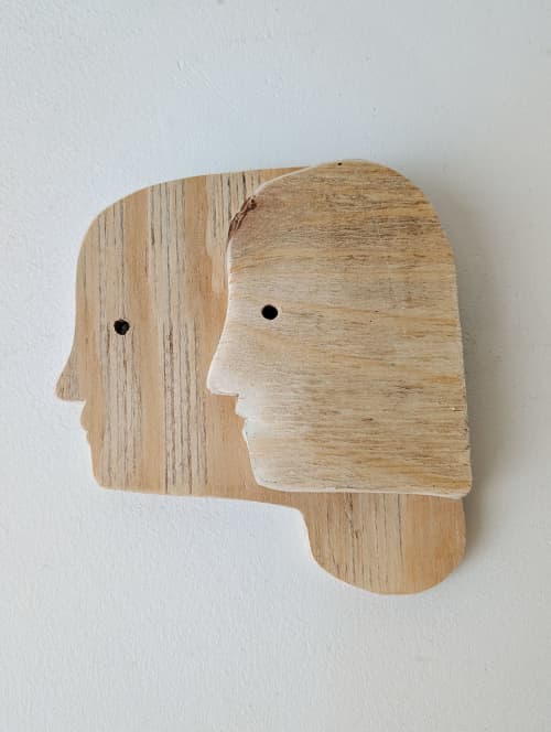 Abstract Wood Sculpture – Minimalist Interlocking Heads Art | Mixed Media by Tanya Coates. Item composed of wood in minimalism or mid century modern style