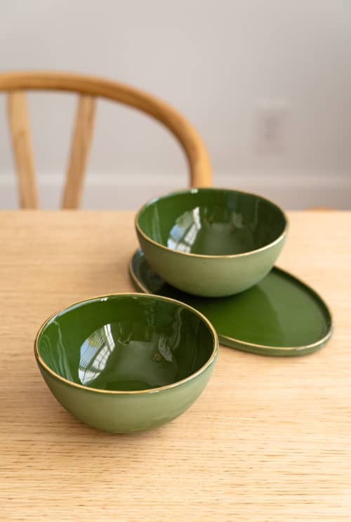 Handmade Porcelain Bowl With Gold Rim. Green | Dinnerware by Creating Comfort Lab. Item made of ceramic