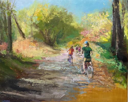 Autumn Bike Ride | Oil And Acrylic Painting in Paintings by Julia Lawing Fine Art. Item made of wood with canvas