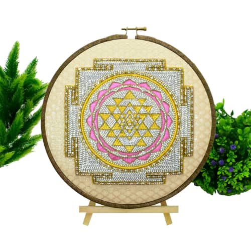Handmade Original Artwork of Shri Yantra | Embroidery in Wall Hangings by MagicSimSim. Item composed of wood & cotton compatible with art deco style