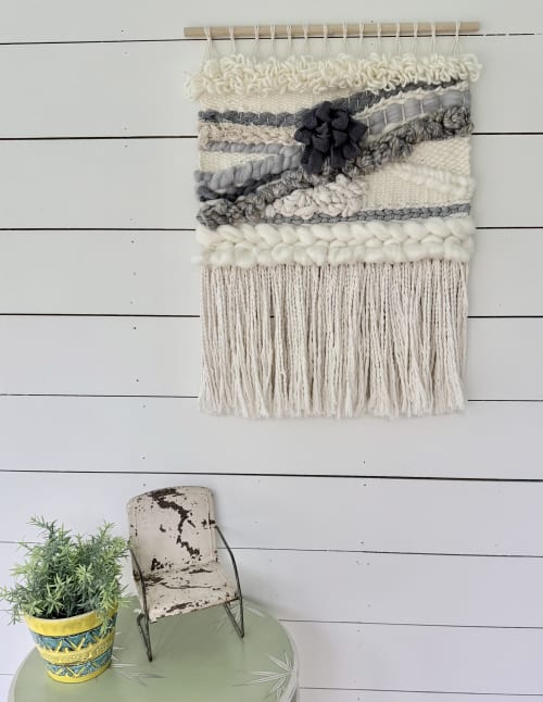 Neutral Textural Fiber Art Wall Hanging in Ivory and Gray | | Tapestry in Wall Hangings by Fiber Art by Melanie. Item composed of wood and cotton in minimalism or contemporary style