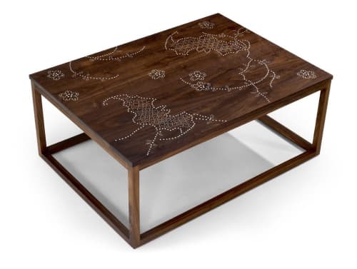 Nail Inlay Coffee Table No. 15 (Bats and flowers) | Tables by Peter Sandback. Item composed of wood & steel compatible with contemporary and modern style
