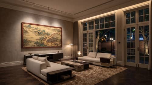 Hand-Painted Silk Scroll Along the River Qingming Style Art | Oil And Acrylic Painting in Paintings by Dynasty Artisan. Item composed of wood and fabric in contemporary or eclectic & maximalism style