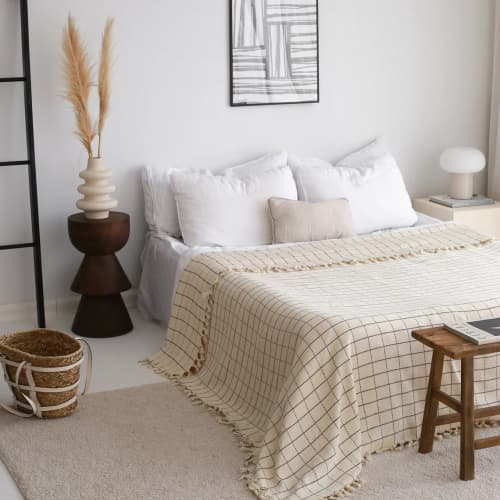 Cream Plaid Throw Blanket & Bed Spread | Linens & Bedding by Lumina Design. Item made of cotton works with boho & mid century modern style