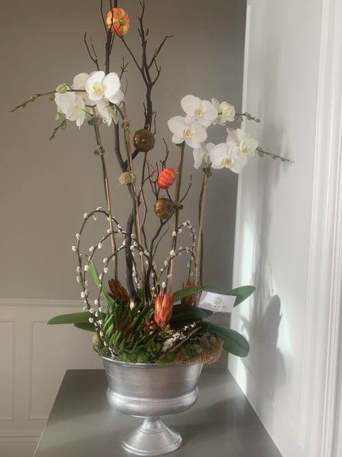 Fall Orchid Arrangement | Floral Arrangements by Fleurina Designs | CSR Real Estate Services in San Jose. Item composed of metal and synthetic