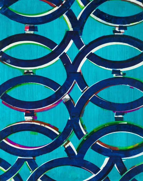 Turquoise, navy and white; touches of magenta and lime! Moroccan patterns with Grateful Dead-inspired title | Oil And Acrylic Painting in Paintings by Margaret Lanzetta | New York in New York. Item composed of canvas and synthetic