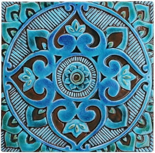 Set of 12 large turquoise-tile Outdoor wall art installation | Tiles by GVEGA. Item composed of marble