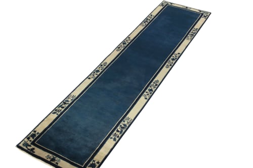 Vintage Chinese Deco style runner in Deep Blue, Off White | Area Rug in Rugs by Rug and Kilim