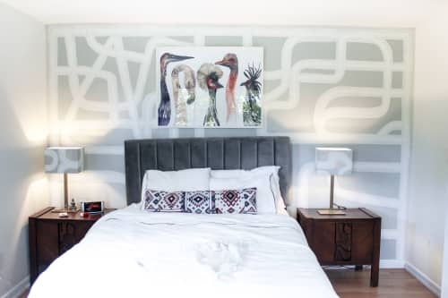 Custom abstract mural and matching painted lampshades in the bedroom of a private residence. | Murals by Rowan Willigan. Item composed of synthetic