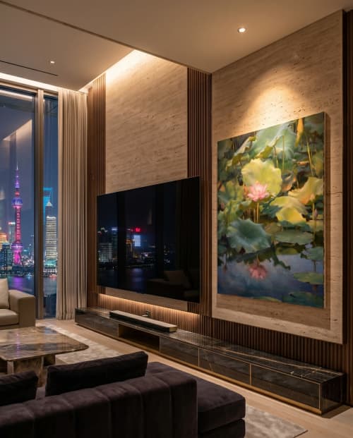 Post Impressionist Sfumato Water Lily Original Oil Painting | Oil And Acrylic Painting in Paintings by Dynasty Artisan. Item made of linen works with contemporary & eclectic & maximalism style