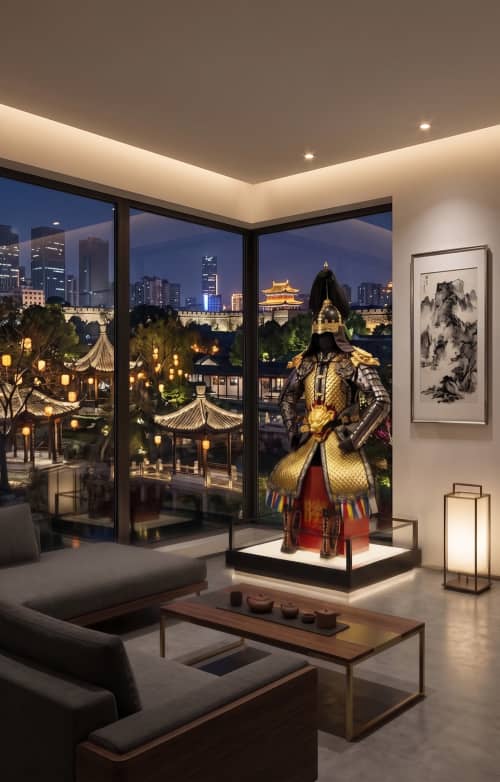 Bespoke Golden Qilin Ming Imperial Wearable Art Armor | Sculptures by Dynasty Artisan. Item composed of metal and leather in contemporary or eclectic & maximalism style