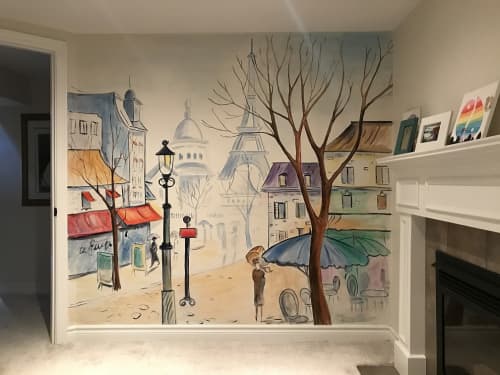 Hand Painted Mural of Illustration of Paris, France | Murals by Murals By Marg. Item made of synthetic