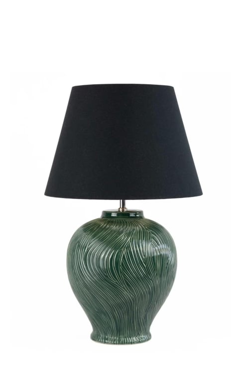 Handcarved Green Ceramic Table Lamp: Black & Gold Shade | Lamps by ENOceramics. Item made of fabric with ceramic works with mid century modern & country & farmhouse style